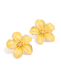 Featuring statement floral stud earrings in yellow with a glossy finish front view - link has visual effect only