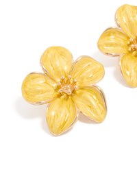 Showcasing statement yellow floral stud earrings with gold accents close up view - link has visual effect only
