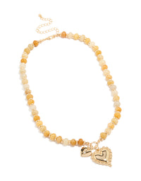 Featuring a gold semi precious stone beaded duo heart necklace with charm feature front view - link has visual effect only