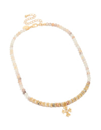 Presenting a gold plated semi precious stones beaded cross necklace front view - link has visual effect only