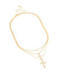 Explore this gold plated cubic zirconia and cross charms layered necklace with crystal pearl details front view - link has visual effect only