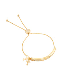 Showcasing a gold plated cubic zirconia faith toggle bangle with charm cross and script detail front view - link has visual effect only