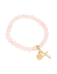 Showcasing a gold plated cubic zirconia Mary cross rose quartz beaded bracelet with charm and crystal front view - link has visual effect only