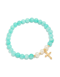 Gold Plated Teal Beaded & Freshwater Pearl Cross Stretch Bracelet - link has visual effect only