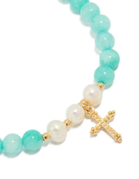 Gold Plated Teal Beaded & Freshwater Pearl Cross Stretch Bracelet - link has visual effect only