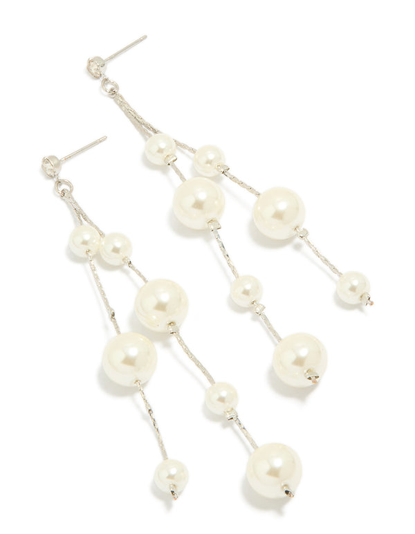 Showcasing silver pearl drop earrings in white front view
