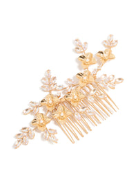 Showcasing an elegant gold diamante gleaming comb featuring leaf and floral details in a dainty design front view - link has visual effect only