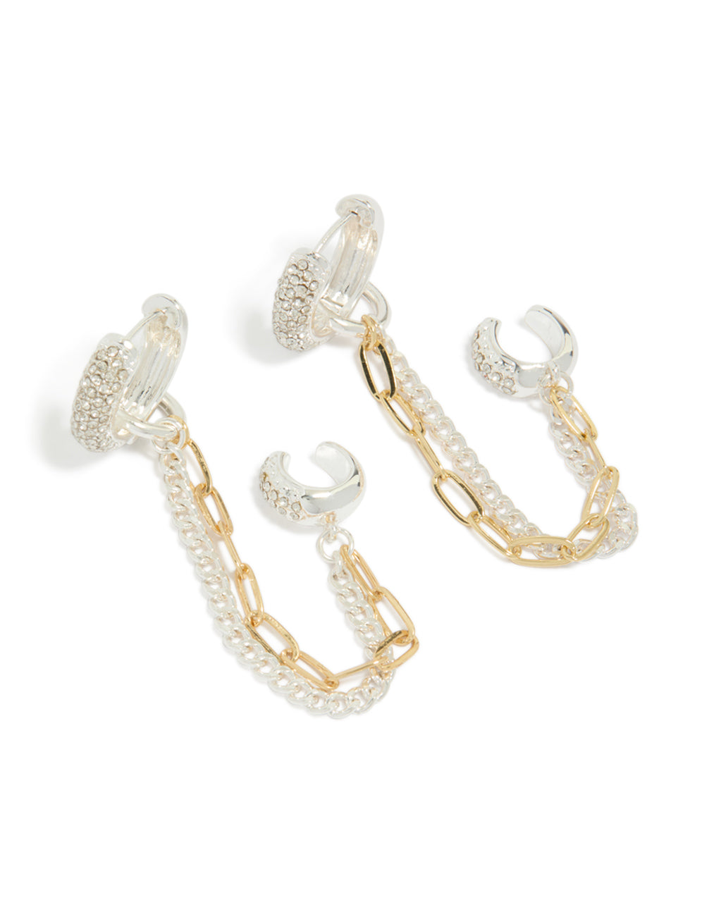 Showcasing mixed metal plated diamante multi chain and cuff huggie earrings with statement style in gold and silver front view