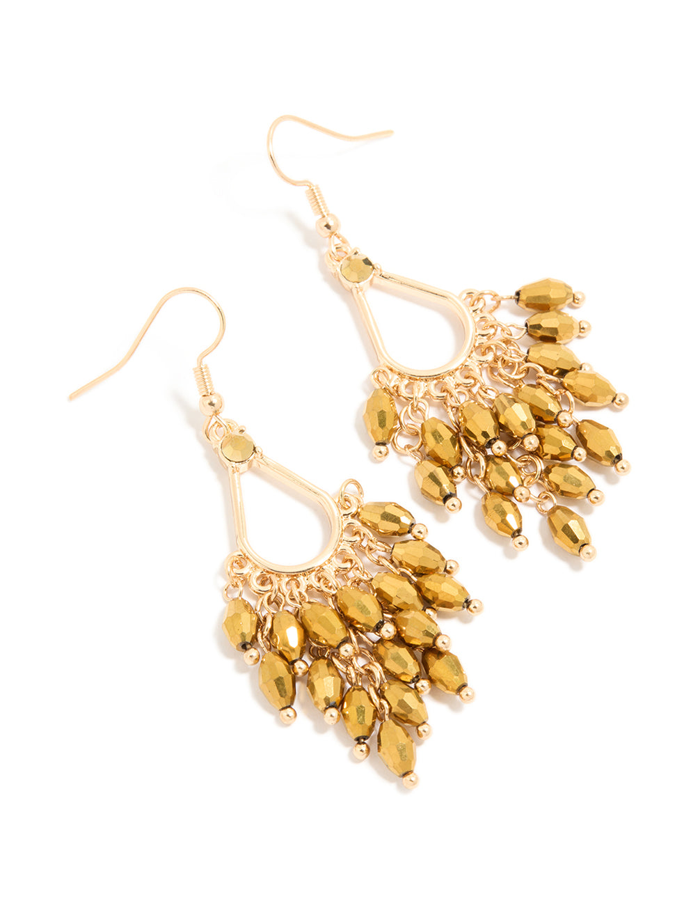 Showcasing statement drop earrings in gold featuring irregular beaded charms front view
