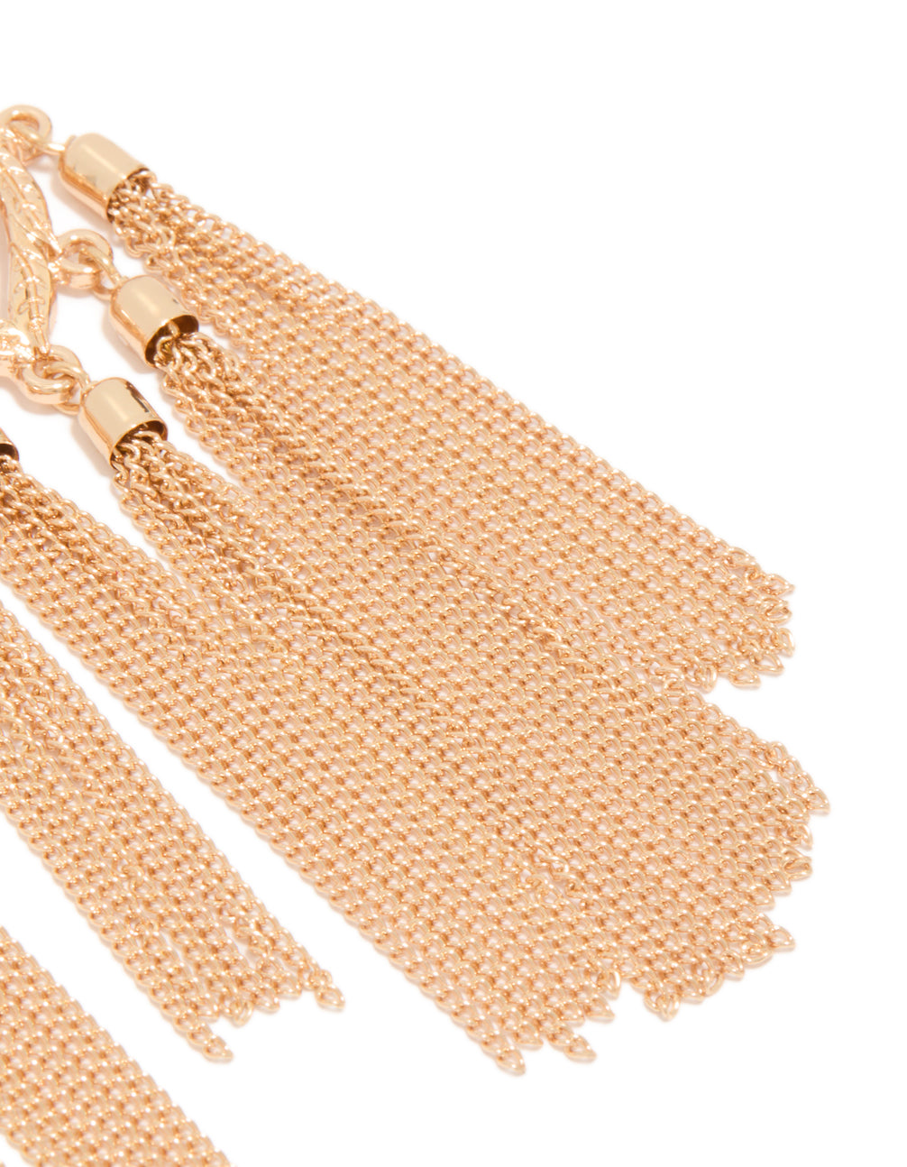 Designed with statement style these charm tassel drop earrings in gold with leaf and clear diamante details in post detail view
