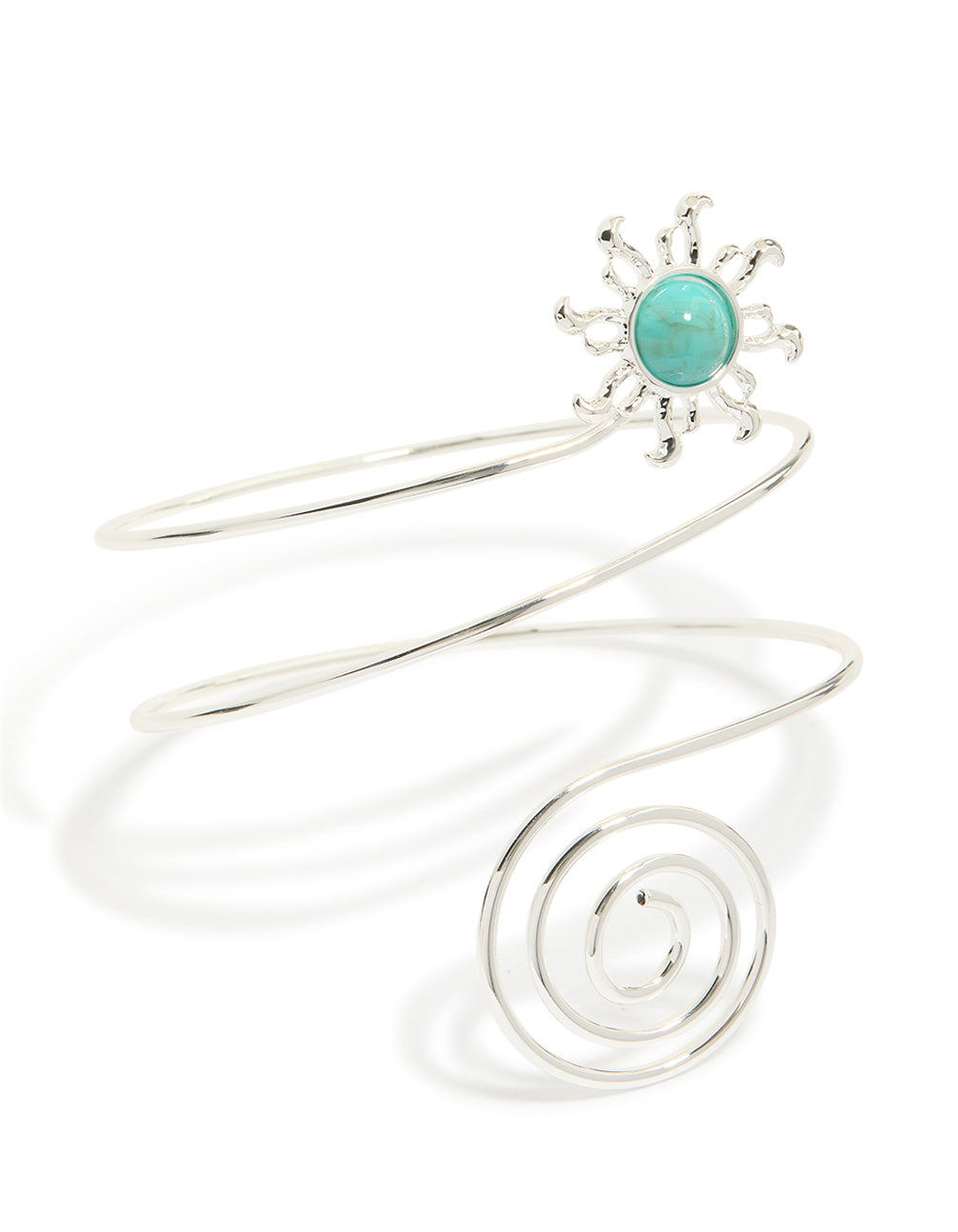 Discover this celestial statement bracelet crafted from silver with turquoise stone and swirl design front view