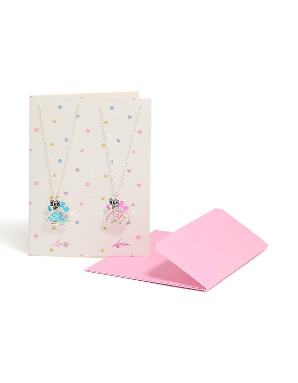 Showcasing kids silver best friends paw shaker necklaces in a 2-pack featuring dog, charm with heart script glitter pendant front view