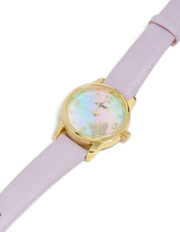 Featuring a butterfly accent in a round shape designed for women's casual wear with a PU leather purple strap in an analog watch type with glitter and gold tones watch face detail view - link has visual effect only