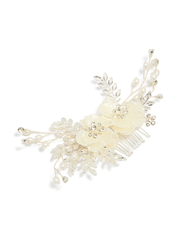 Silver Pearlised Flower Detail Comb