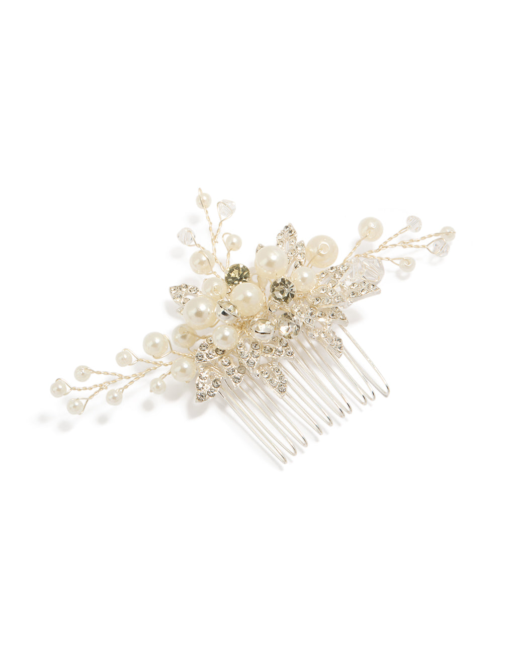 Discover this silver pearl and diamante leaf comb front view