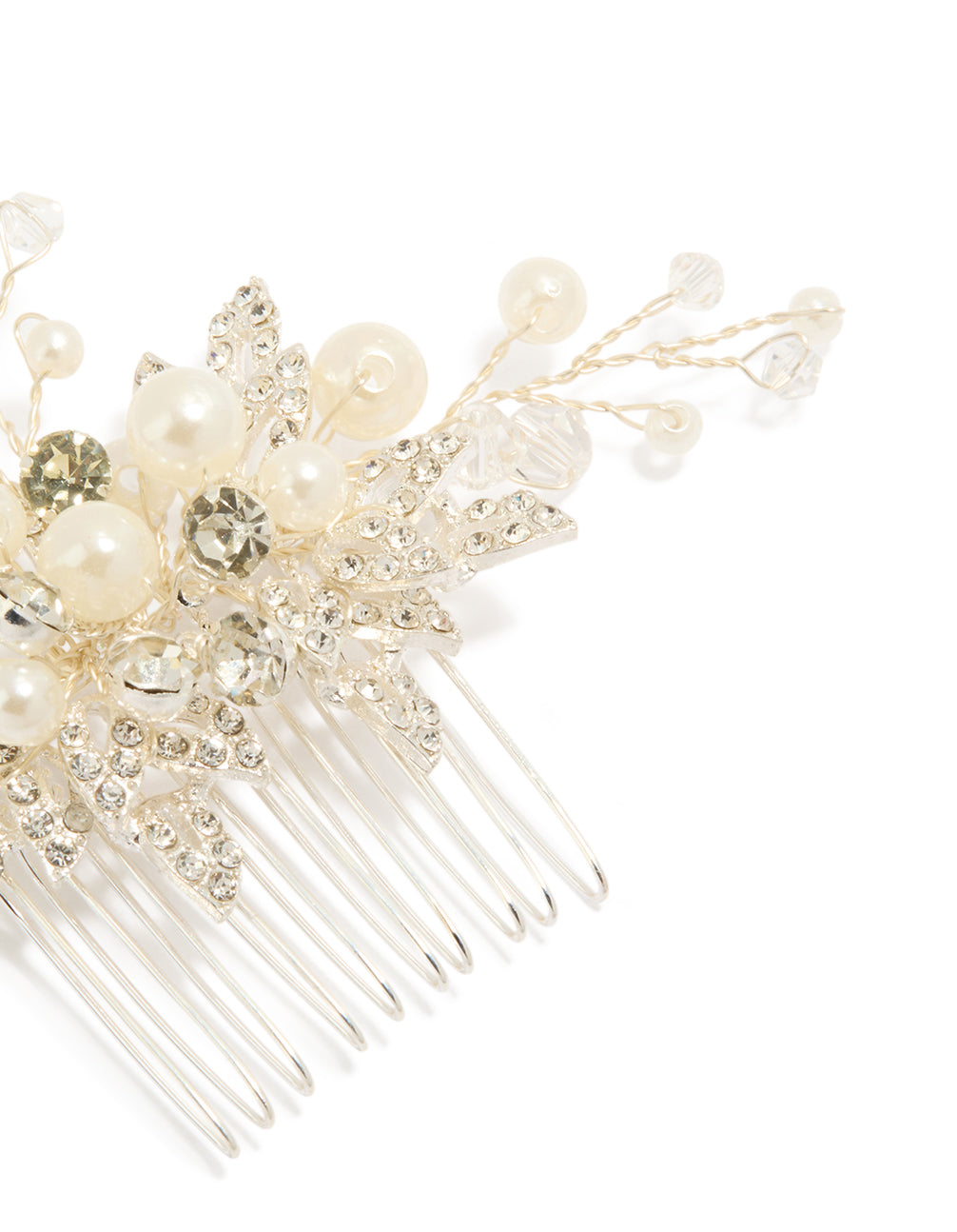 Elegant silver pearl and diamante leaf comb detail view