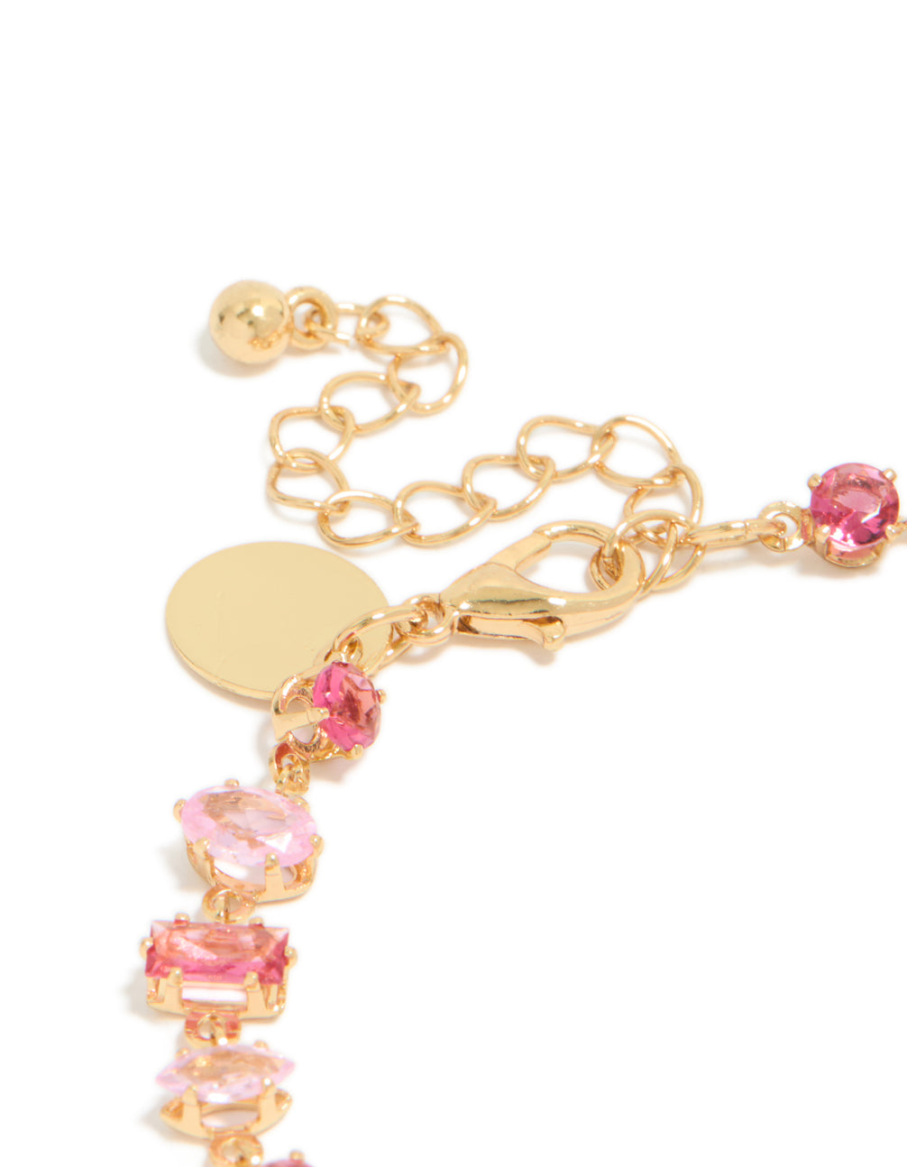 Gold large pink multi-cut cubic zirconia bracelet showing lobster clasp, adjustable chain extender, and disc charm closure detail view
