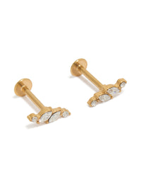 Dainty gold plated surgical steel studs featuring vine design with marquise cut cubic zirconia stones and flat back closure front view - link has visual effect only