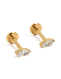 Crafted from gold plated surgical steel stud earrings featuring marquise cut cubic zirconia with flat back closure front view - link has visual effect only