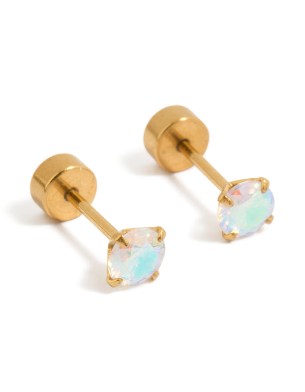 Crafted from gold plated surgical steel, these kids stud earrings feature iridescent cubic zirconia stones with flat back closure front view