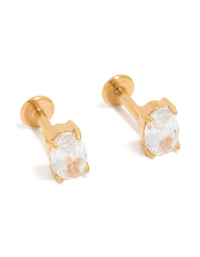 Crafted from surgical steel with oval cut cubic zirconia stones and flat back stud closure in gold and clear front view - link has visual effect only
