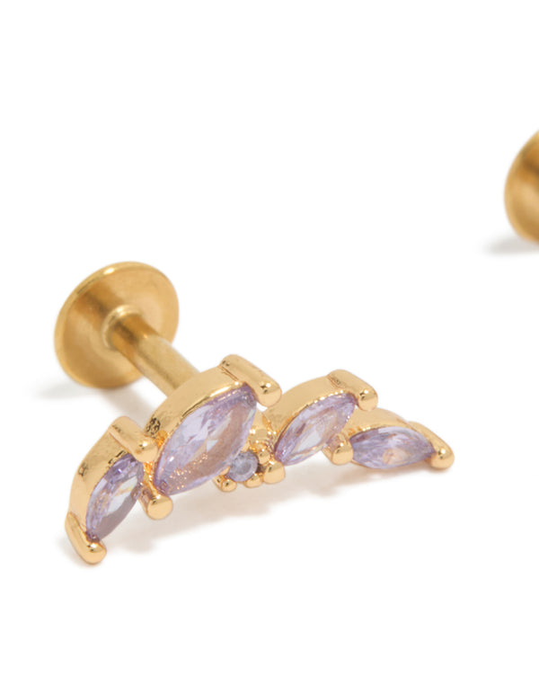 Showcasing crawler style earrings in gold plated surgical steel featuring purple cubic zirconia stones with flat back closure close up view