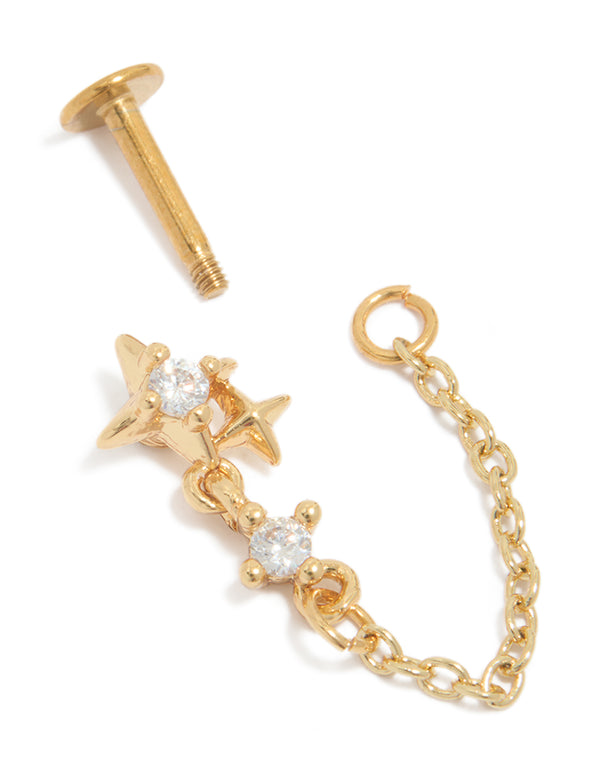 Showcasing a dainty statement celestial stud with star and cubic zirconia details, crafted from gold plated surgical steel with flat back closure post detail view
