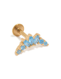Crafted from surgical steel with gold plating, this single stud earring features marquise-cut sky blue cubic zirconia crystals and a flat back closure front view - link has visual effect only