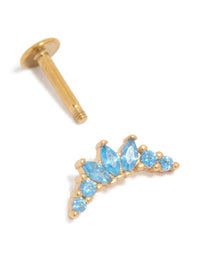 Showcasing the post detail of a surgical steel earring with gold plating, marquise-cut sky blue cubic zirconia crystals, and flat back closure post detail view - link has visual effect only