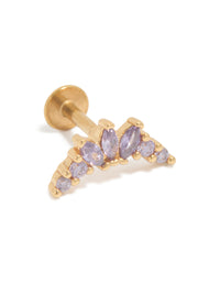 Showcasing a dainty stud earring crafted from gold plated surgical steel with marquise cut purple cubic zirconia and flat back closure front view - link has visual effect only