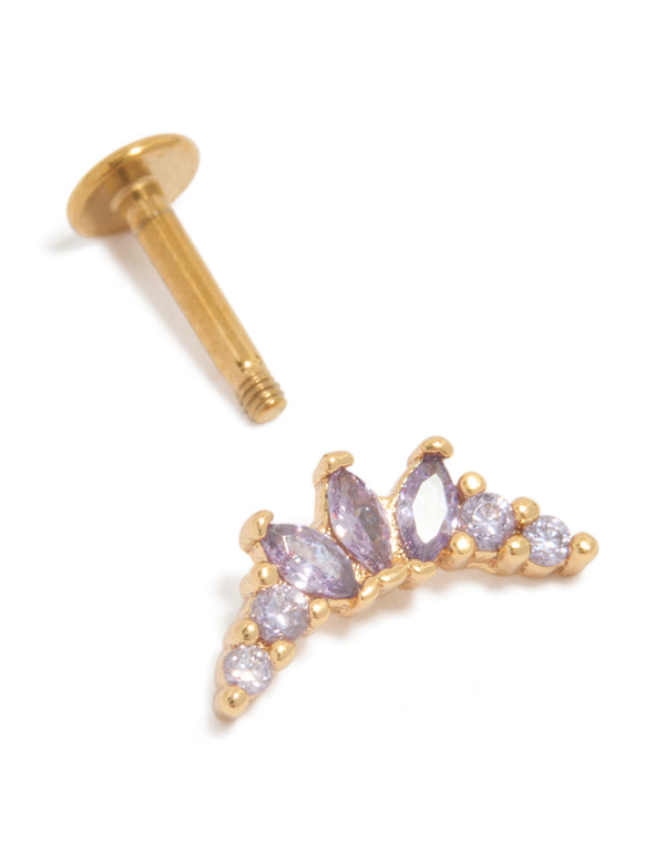 Featuring a dainty stud earring in gold plated surgical steel with marquise cut purple cubic zirconia and flat back closure post detail view