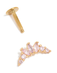Showcasing a chunky single flat back stud earring crafted from gold plated surgical steel featuring pink cubic zirconia post detail view - link has visual effect only