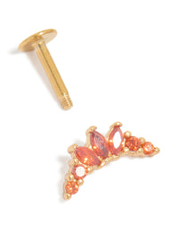 Detailed view of gold plated surgical steel red cubic zirconia marquise flat back single stud earring showcasing post detail view - link has visual effect only