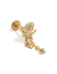Showcasing a gold plated surgical steel pink cubic zirconia chain single butterfly flat back stud with charm and crystal details front view - link has visual effect only