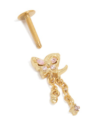 Featuring a gold plated surgical steel pink cubic zirconia chain single butterfly flat back stud with charm and crystal elements post detail view - link has visual effect only