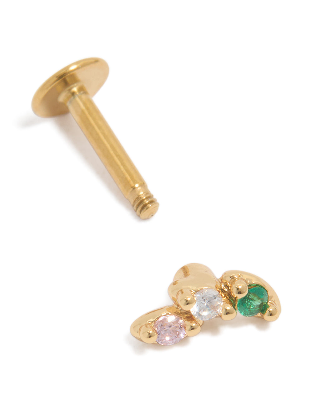Designed with surgical steel crawler stud featuring cubic zirconia stones in light pink, clear and turquoise, crafted from gold plated material and flat back closure post detail view