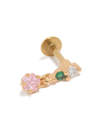 Showcasing a circle drop single flat back stud crafted from surgical steel with pink and green cubic zirconia in gold plated finish front view - link has visual effect only