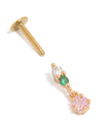Featuring a circle drop single flat back stud crafted from surgical steel with pink and green cubic zirconia in gold plated finish post detail view - link has visual effect only