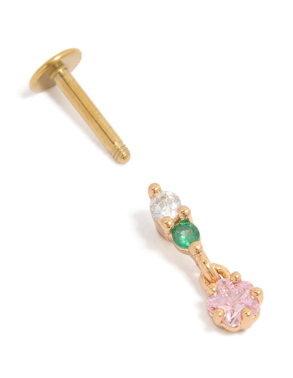 Featuring a circle drop single flat back stud crafted from surgical steel with pink and green cubic zirconia in gold plated finish post detail view