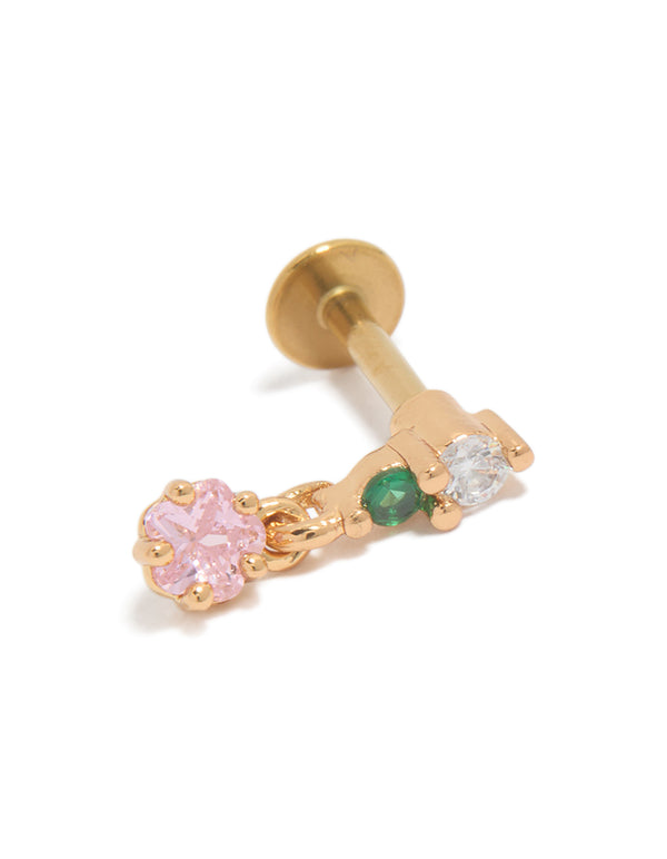 Showcasing a circle drop single flat back stud crafted from surgical steel with pink and green cubic zirconia in gold plated finish front view