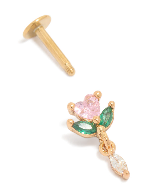 Featuring a dainty rose drop stud in gold plated surgical steel with pink cubic zirconia, Marquise stone cut, and flat back closure post detail view