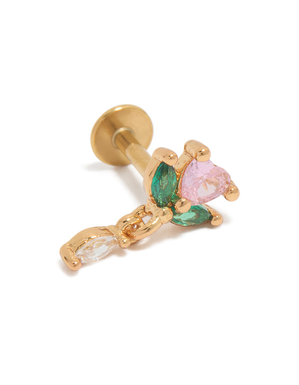 Showcasing a dainty rose drop stud crafted from gold plated surgical steel with pink cubic zirconia, Marquise stone cut, and flat back closure front view