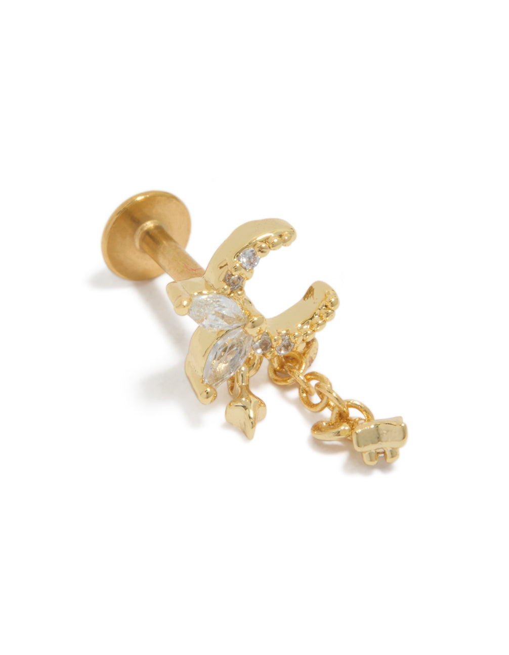 Showcasing celestial charm stud earrings with moon and star design crafted from surgical steel featuring cubic zirconia and flat back closure in gold front view