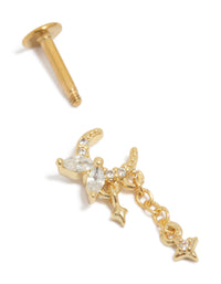 Featuring celestial charm with moon and star adorned with cubic zirconia in surgical steel gold plated flat back stud closure post detail view - link has visual effect only