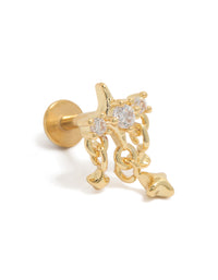 Showcasing a celestial star charm stud featuring cubic zirconia stones, crafted from gold plated surgical steel with flat back closure front view - link has visual effect only
