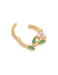 Featuring a gold plated surgical steel cubic zirconia flower and leaves clicker ring with crystal embellishments in pink and lime green tones detail view - link has visual effect only