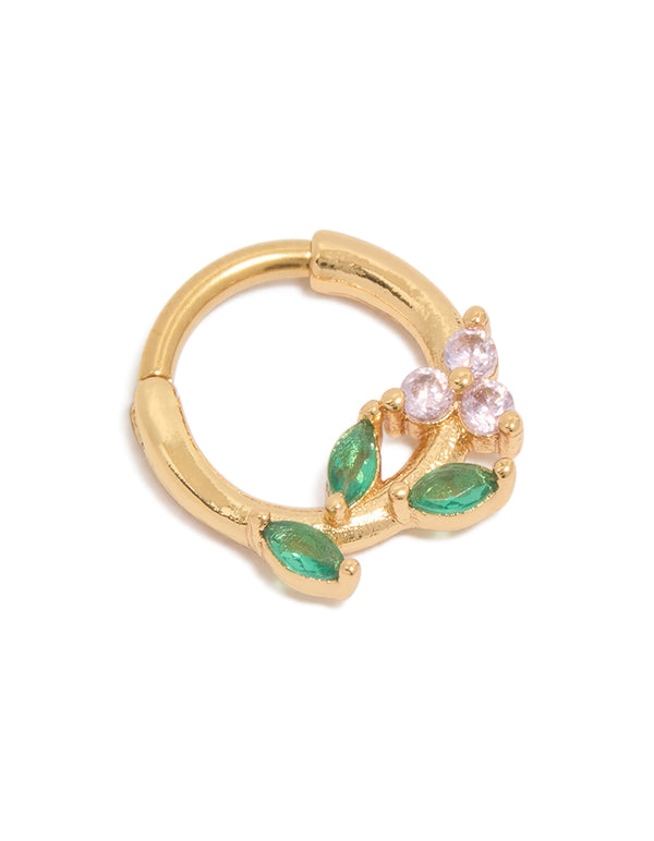 Showcasing a gold plated surgical steel cubic zirconia flower and leaves clicker ring with crystal embellishments in pink and lime green tones front view