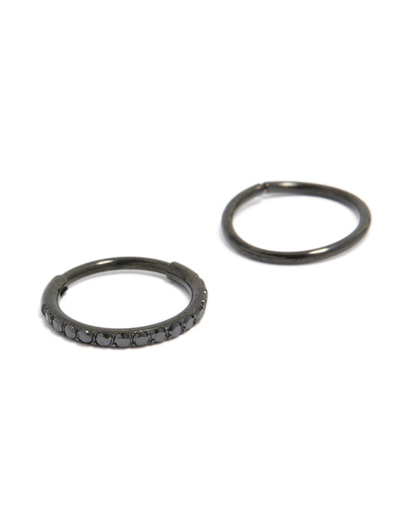 Showcasing black coated surgical steel hinged nose rings featuring cubic zirconia front view