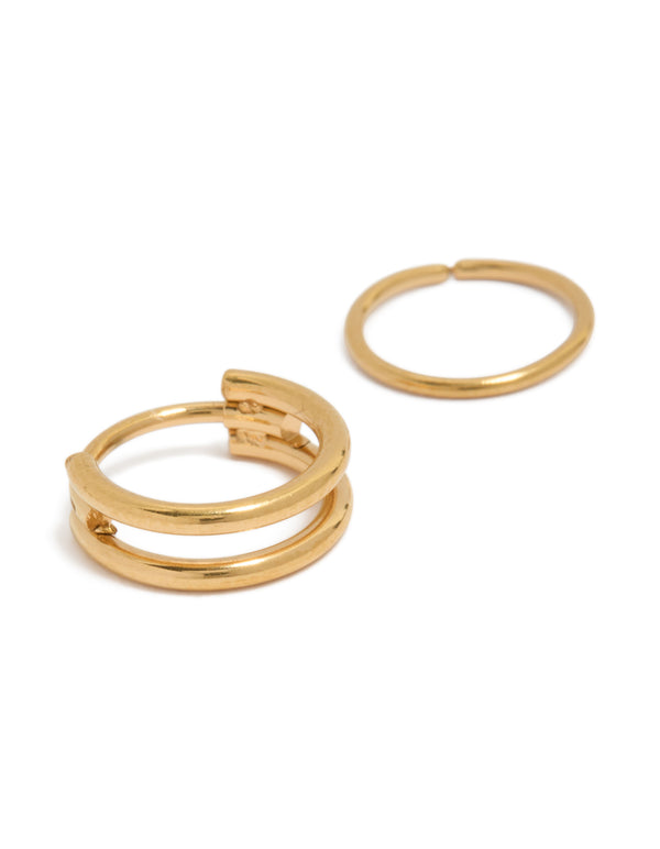 Showcasing gold plated surgical steel double hinged nose rings pack front view