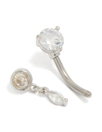 Featuring a surgical steel belly bar with charm showcasing round cut cubic zirconia in silver and clear detail view - link has visual effect only